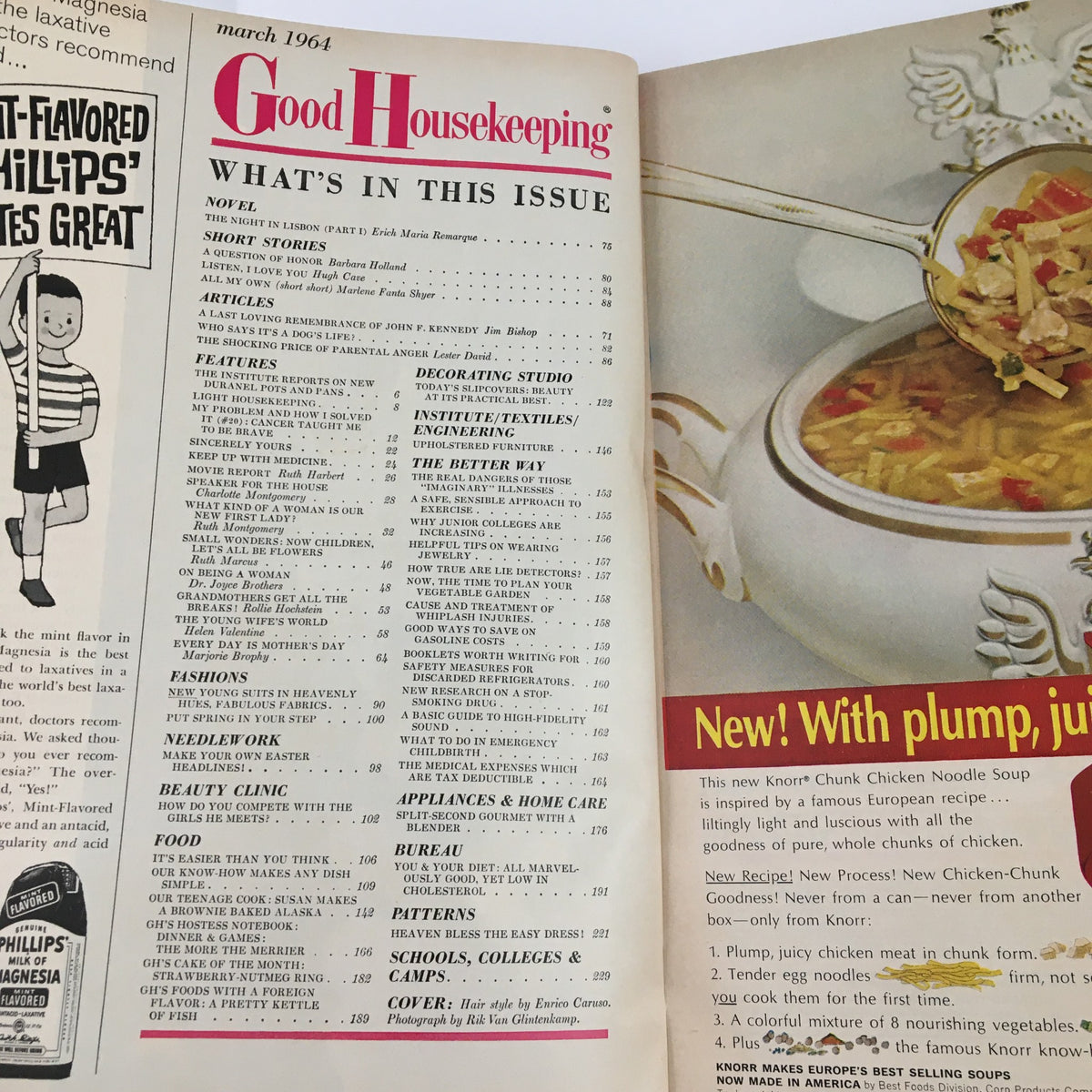 Inside page of Good Housekeeping Magazine March 1964 showing the contents section, including articles, stories, and a recipe feature.