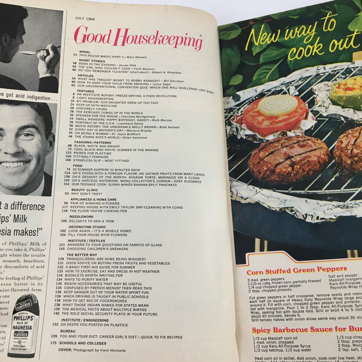 Inside page of Good Housekeeping Magazine July 1964 displaying the table of contents, revealing various articles and features including Mary Stewart's romantic suspense novel.