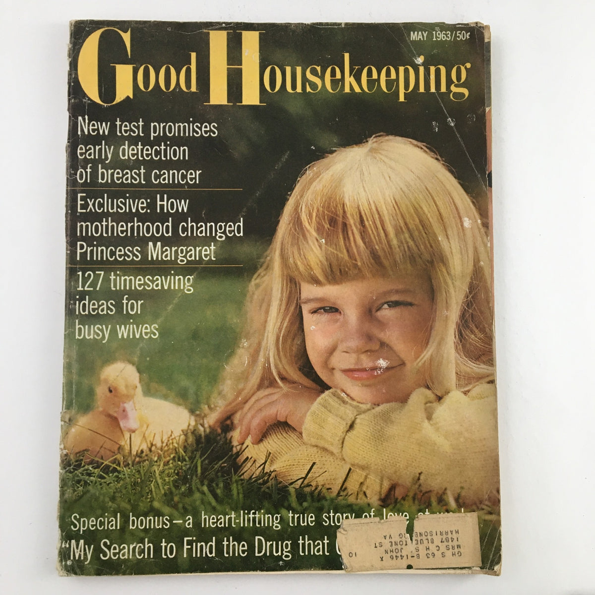 Cover of Good Housekeeping Magazine May 1963 featuring the article 'How Motherhood Changed Princess Margaret' with a young girl and a duckling.