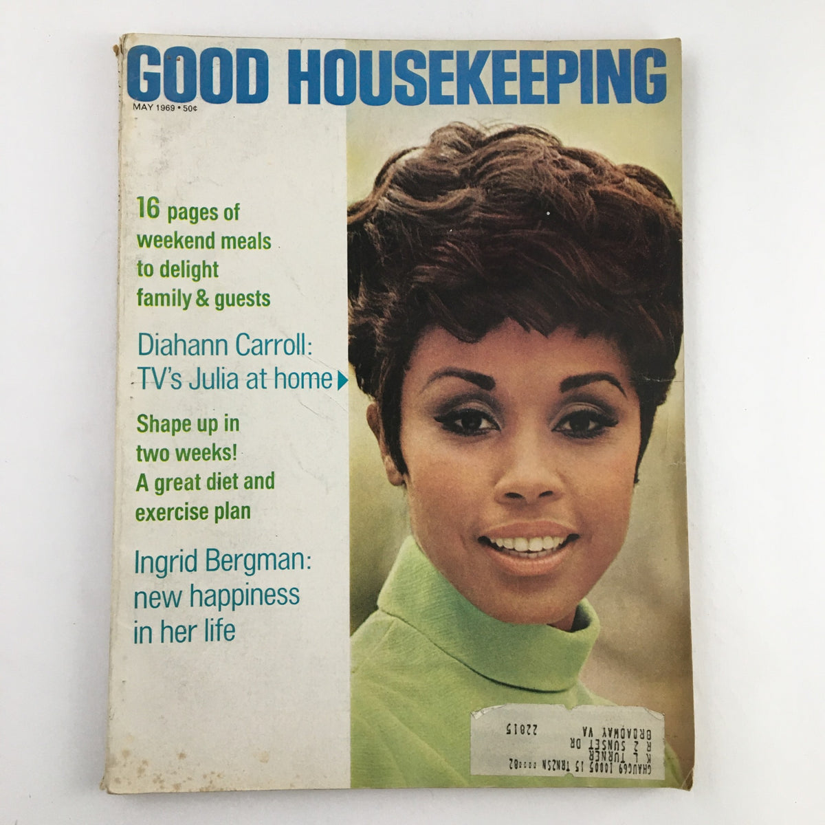 Good Housekeeping Magazine May 1969 cover featuring Diahann Carroll, star of TV's Julia, showcasing her on the front with headlines about weekend meals and diet plans.