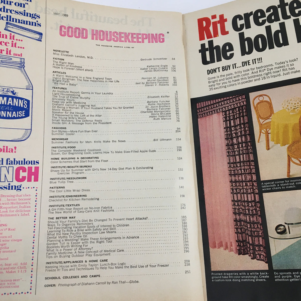 Inside spread of the Good Housekeeping Magazine May 1969, presenting the table of contents and articles, including Diahann Carroll's influence and lifestyle features.