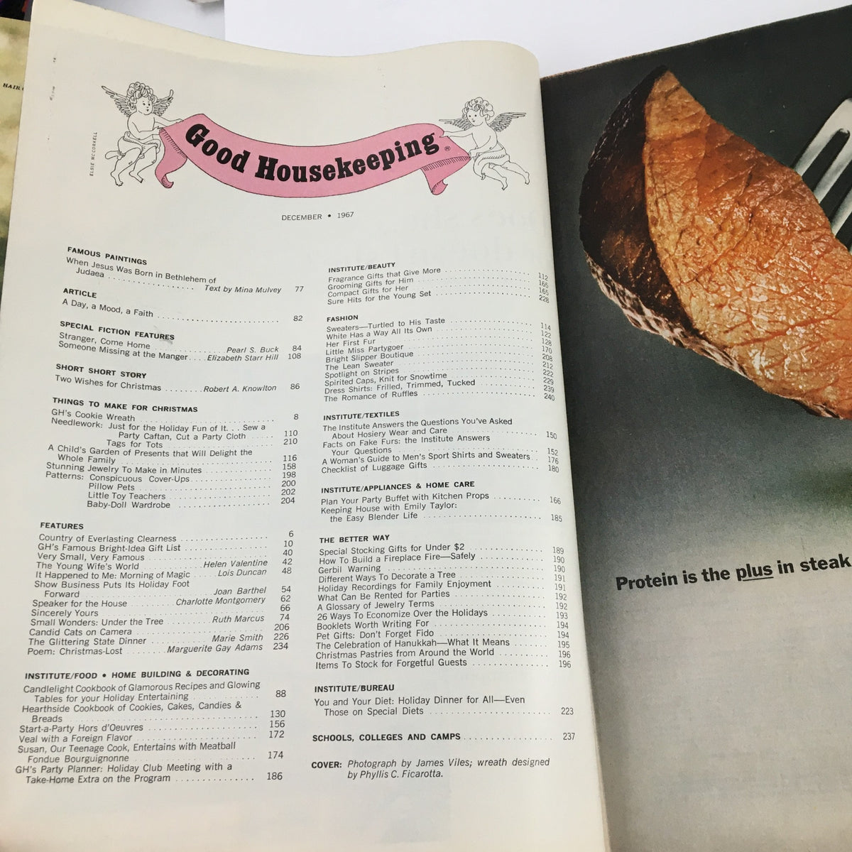 Table of contents from Good Housekeeping Magazine December 1967, featuring a variety of holiday articles and festive recipes.