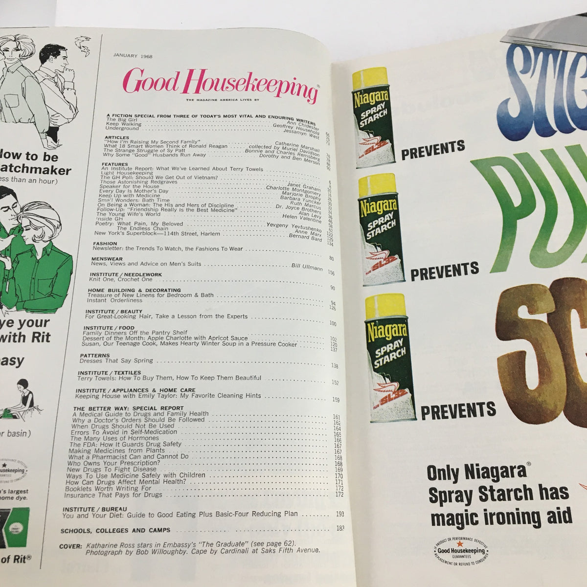 Interior page from Good Housekeeping Magazine January 1968 displaying the table of contents, featuring various articles and advertisements popular in the 1960s.