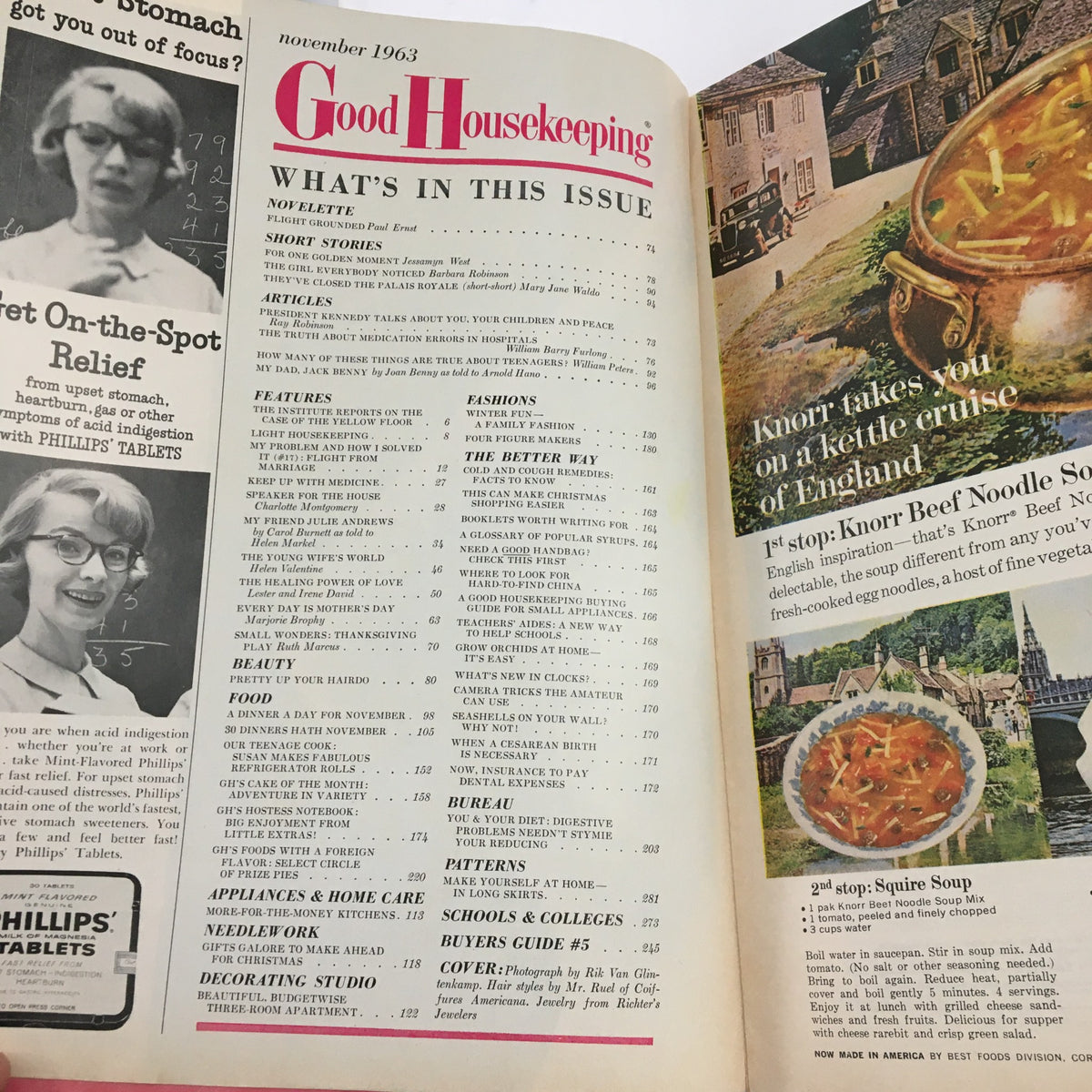 Inside page of Good Housekeeping Magazine November 1963 displaying the contents and articles featured in that issue, including fashion and food.