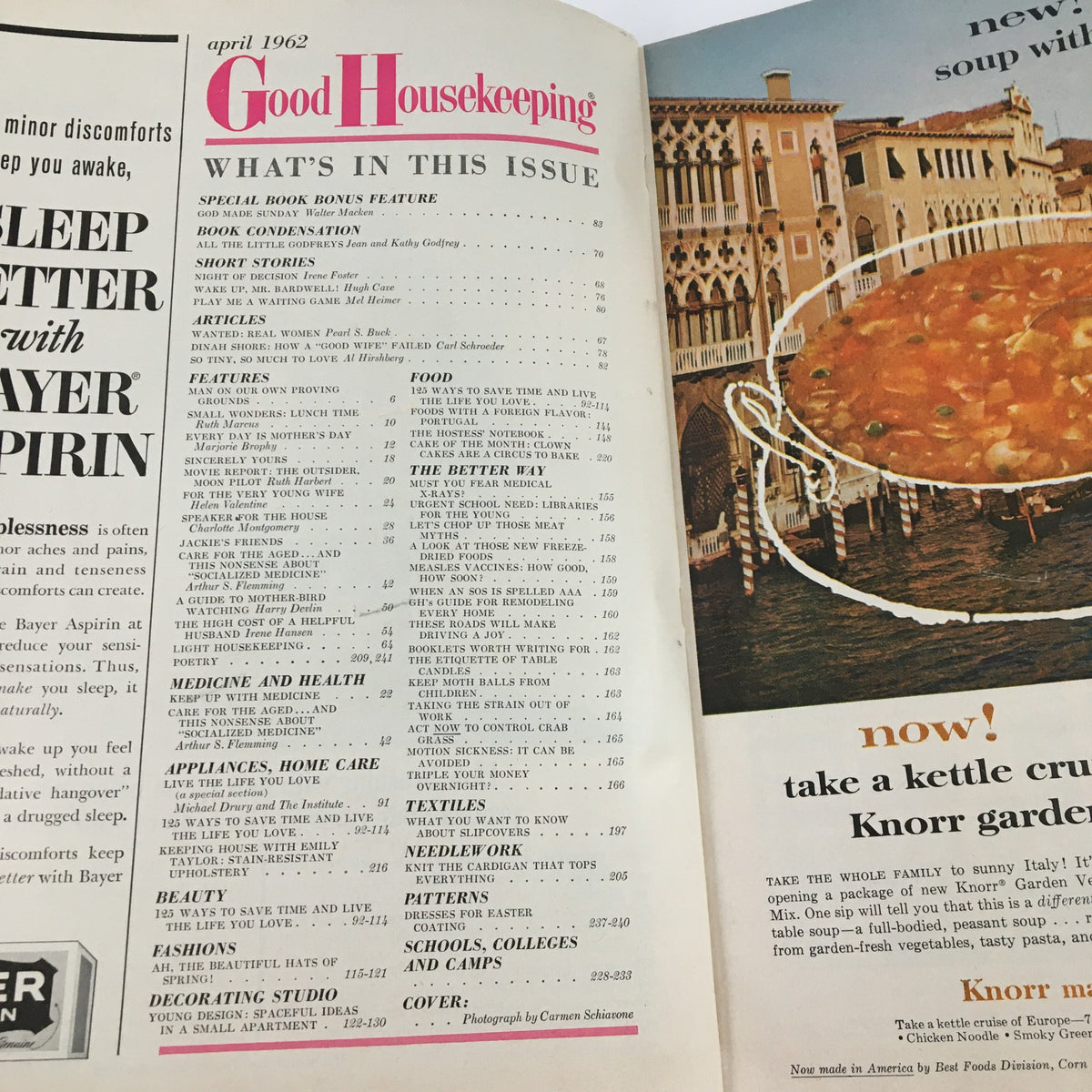 Inside page of Good Housekeeping Magazine - April 1962 showcasing the table of contents with articles featuring 'All The Little Godfreys Childhood Memories' and various sections on food, features, and household tips.