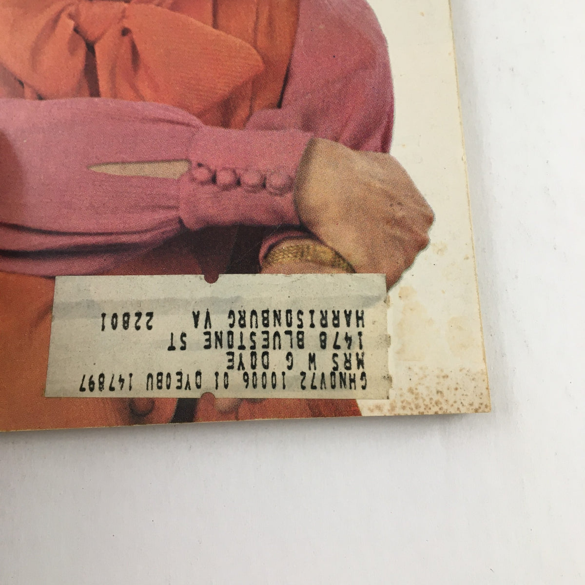 Detail image of the Good Housekeeping Magazine January 1972 cover, featuring Julie Andrews and Carol Burnett, with a visible address label and wear indicating vintage conditions.