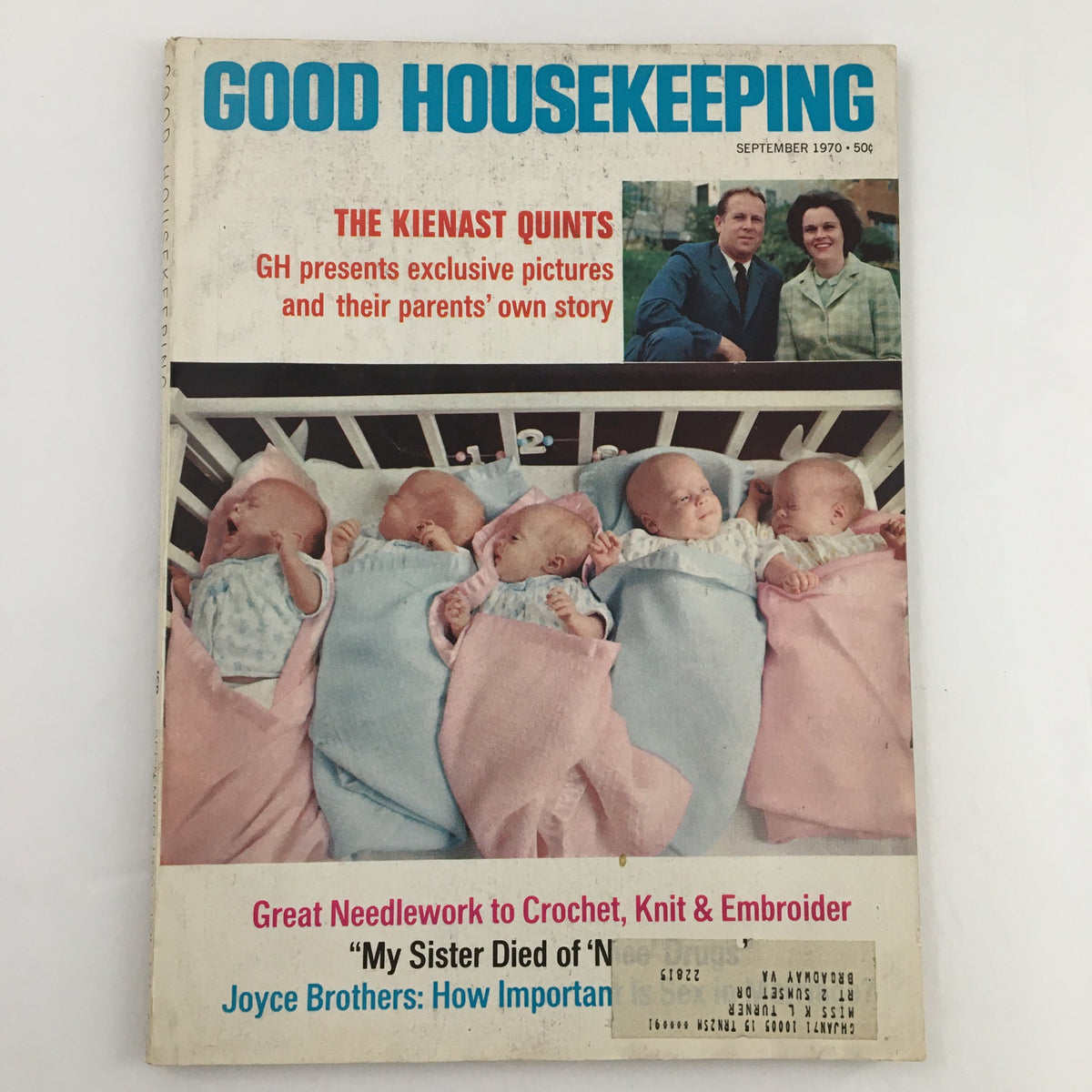 Cover of Good Housekeeping Magazine September 1970 featuring the Kienast Quints, showcasing five adorable quintuplets in cribs along with their parents' story. Highlights include parenting insights from the 1970s.