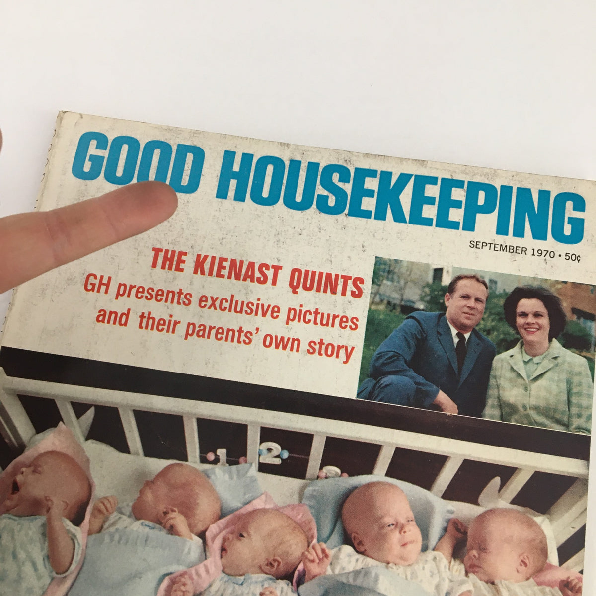 Close-up of the Good Housekeeping Magazine September 1970 cover, focusing on the Kienast Quints, presenting exclusive pictures and parenting stories of quintuplets in a vintage editorial style.