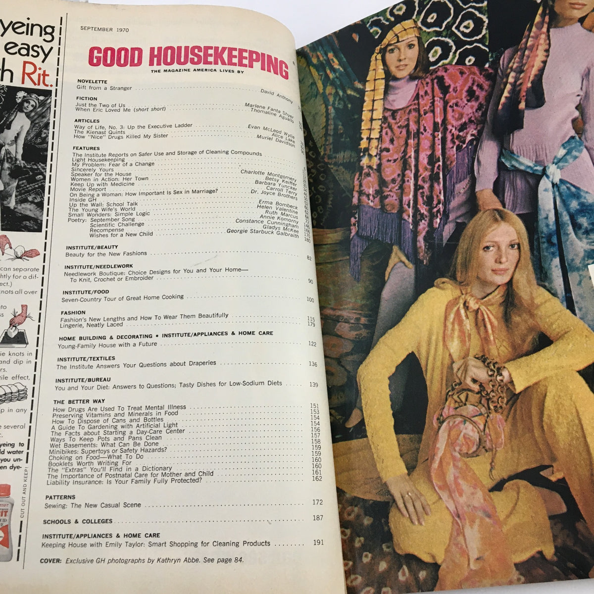 Good Housekeeping Magazine September 1970 featuring the table of contents with articles, stories, and illustrations. The layout showcases a vibrant and nostalgic style reflective of the 1970s, highlighting topics like fashion, home care, and parenting, alongside an engaging cover story about the Kienast Quints.