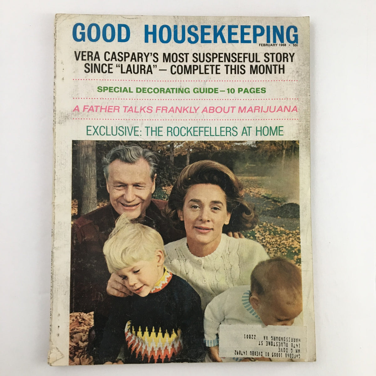 Cover of Good Housekeeping Magazine February 1968 featuring an exclusive article on The Rockefellers at Home. The magazine displays a family portrait in an outdoor setting, capturing a moment of domestic bliss.