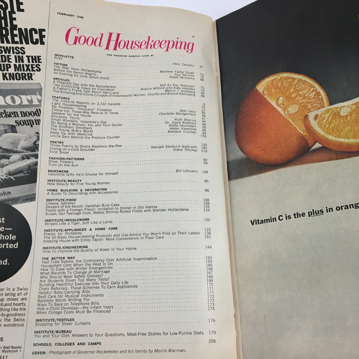 Inside page of Good Housekeeping Magazine February 1968, including the magazine's table of contents. This page provides an overview of articles including the exclusive feature on The Rockefellers at Home.