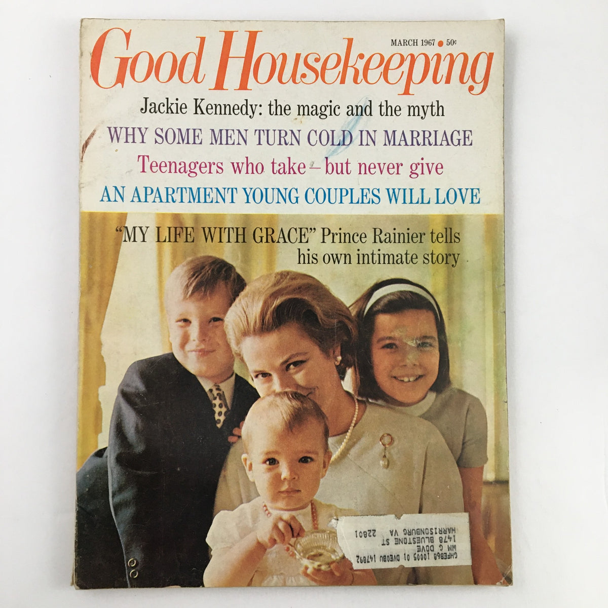 Cover of Good Housekeeping Magazine March 1967 featuring Prince Rainier and Princess Grace, showcasing articles on marriage, parenting, and a family portrait.