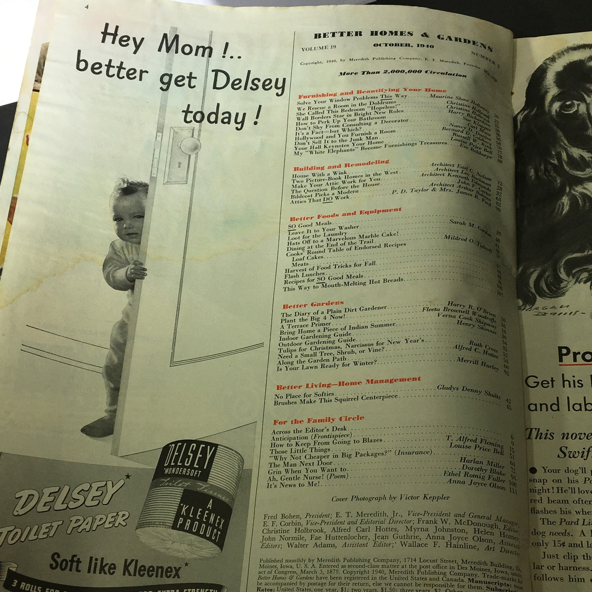 Interior page of VTG Better Homes & Gardens October 1940 Vol 19 #2 with a vintage advertisement featuring a child at a door, emphasizing home management and family topics.