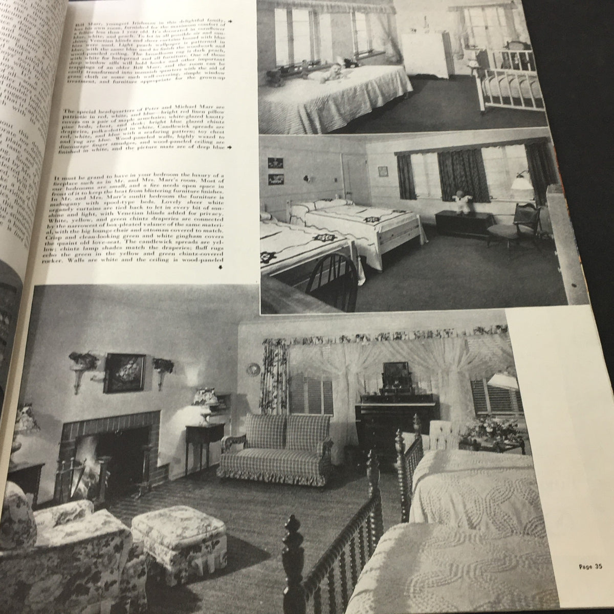 Multi-image layout featuring different vintage bedroom designs from the VTG Better Homes & Gardens August 1940 magazine, highlighting traditional home decor elements.