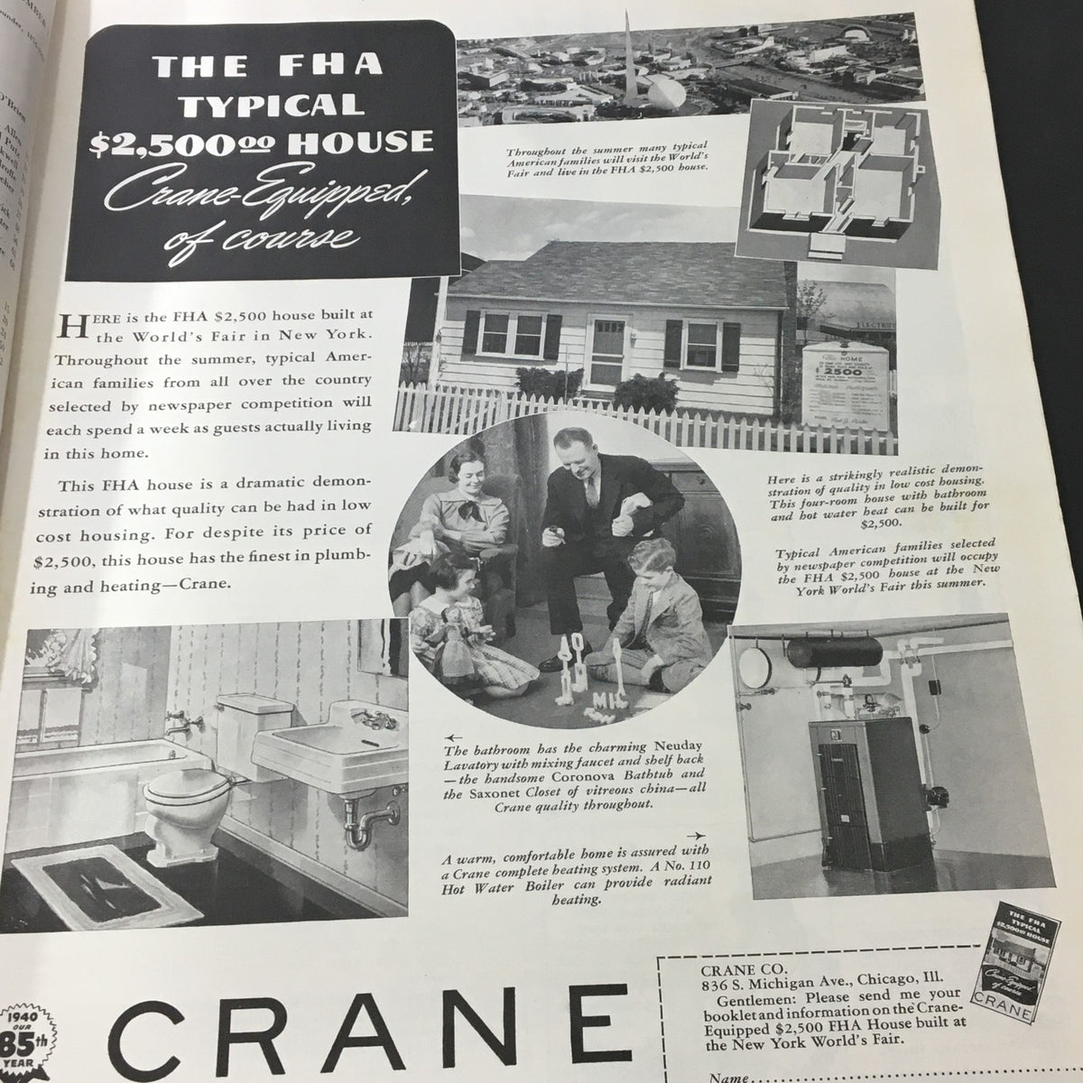 A page from the VTG Better Homes & Gardens September 1940 magazine showcasing the FHA typical $2,500 house with images of family activities and home features.
