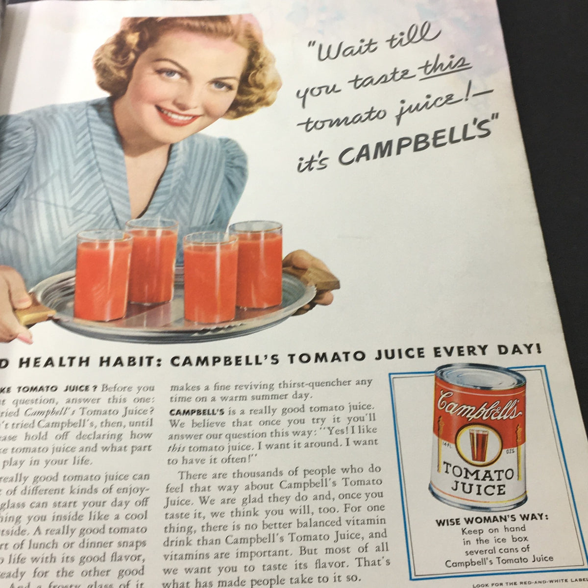 VTG Better Homes & Gardens September 1940 Indoor and Outdoor Gardening Guide featuring a woman serving glasses of tomato juice, promoting Campbell's Tomato Juice as a refreshing drink.