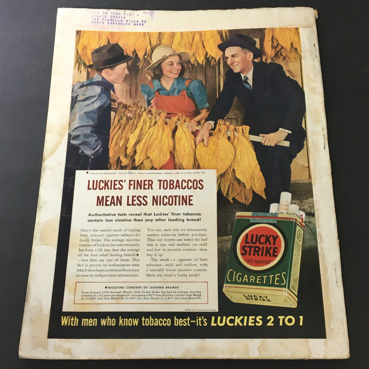 VTG Better Homes & Gardens September 1940 Indoor and Outdoor Gardening Guide illustrating a vintage advertisement for Luckies cigarettes with farmers and tobacco leaves, highlighting the brand's lower nicotine content.
