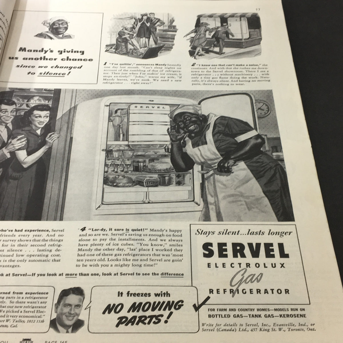 Vintage appliance advertisement in the VTG Better Homes & Gardens May 1941, promoting a quiet Servel refrigerator.