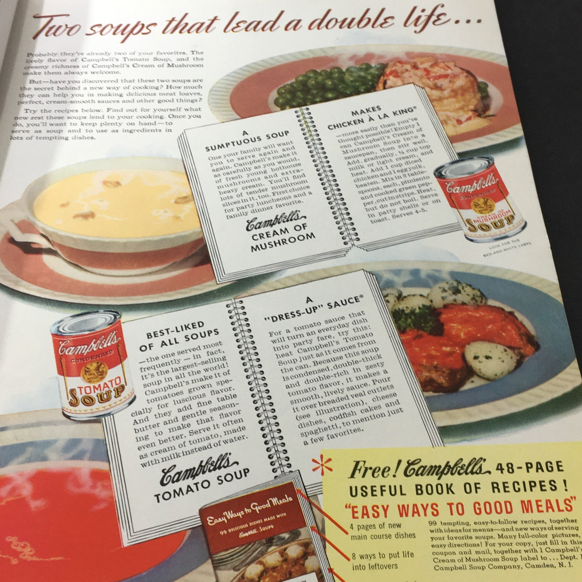VTG Better Homes & Gardens May 1941 advertisement featuring Campbell's soup with recipes, illustrating culinary use and vintage food styling.