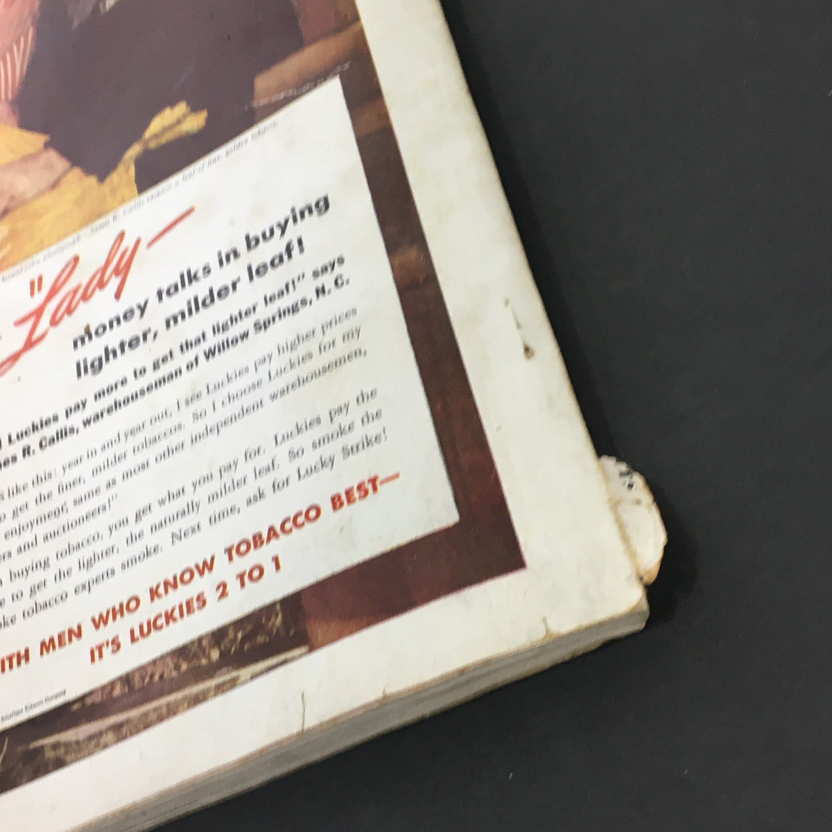 VTG Better Homes & Gardens May 1941 Extra Sparkle For Your Summer Meals - Close-up of a vintage advertisement showcasing a Lucky Strike cigarette ad with text about buying lighter, milder leaf tobacco.