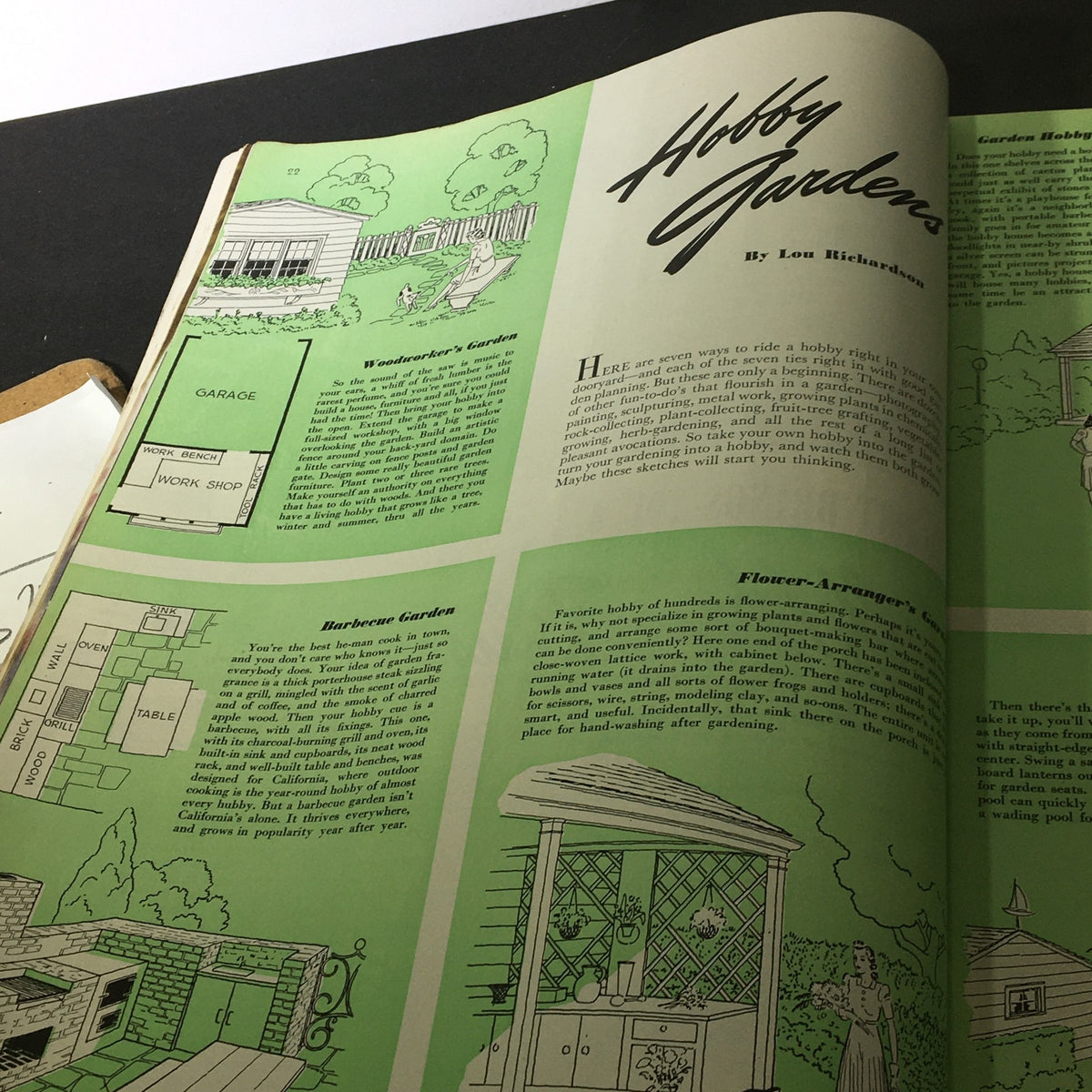 Open page of Better Homes & Gardens June 1941 magazine focused on hobby gardens, outlining various gardening ideas and designs for enthusiasts.