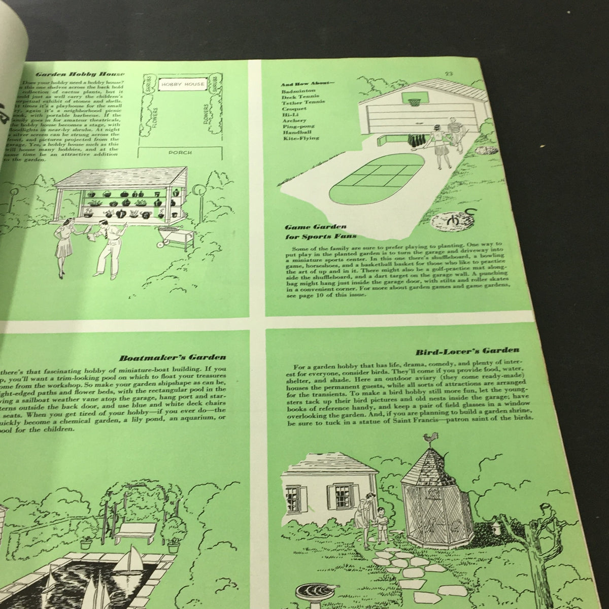 Illustrated page from VTG Better Homes & Gardens June 1941 Dead Kitchen Comes To Life showcasing garden ideas for hobbies and sports, including boatmaker's and bird-lover's gardens.