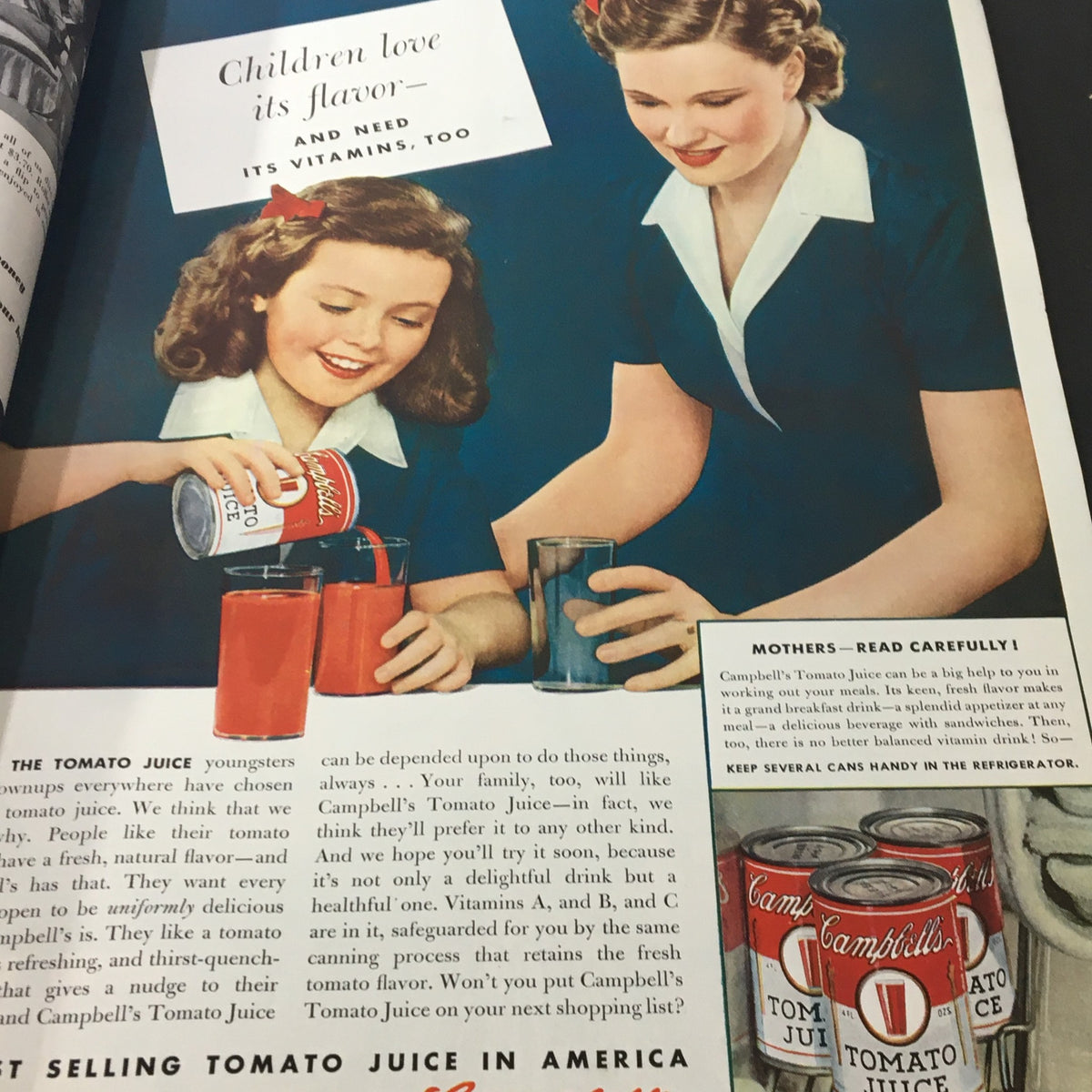 Vintage advertisement for Campbell's Tomato Juice with children featured, from VTG Better Homes & Gardens June 1941 Dead Kitchen Comes To Life.