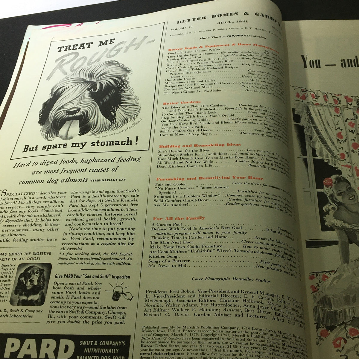 Interior page of VTG Better Homes & Gardens July 1941, featuring an advertisement with an illustration of a dog and text advising on pet care.