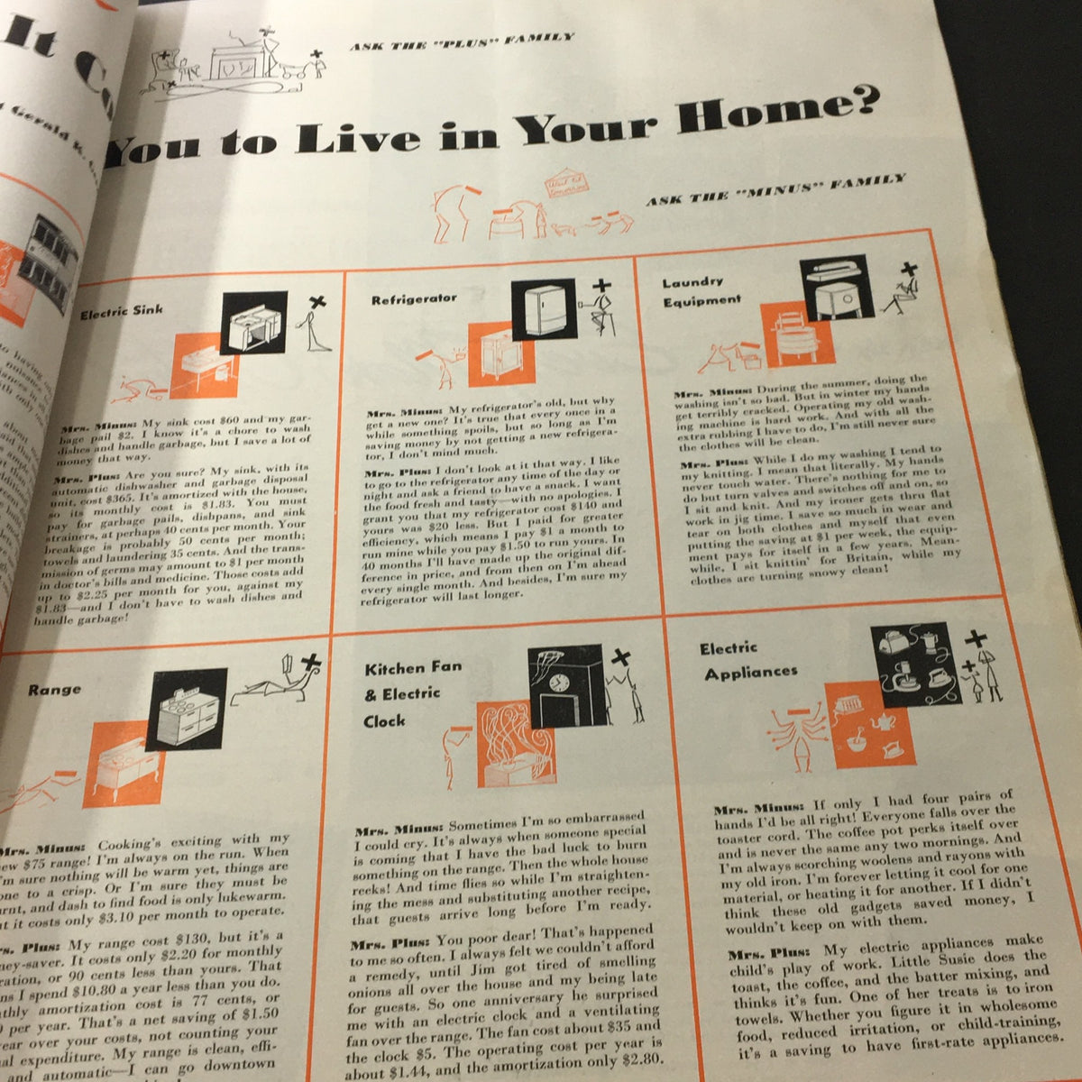 VTG Better Homes & Gardens July 1941 Food Light and Picture Perfect Home - Home appliance feature with cartoon illustrations discussing household items like electric sinks and refrigerators.
