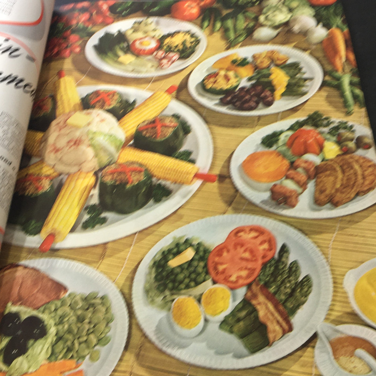 VTG Better Homes & Gardens July 1941 Food Light and Picture Perfect Home - Colorful food display showcasing various traditional dishes, emphasizing culinary presentation from 1941.