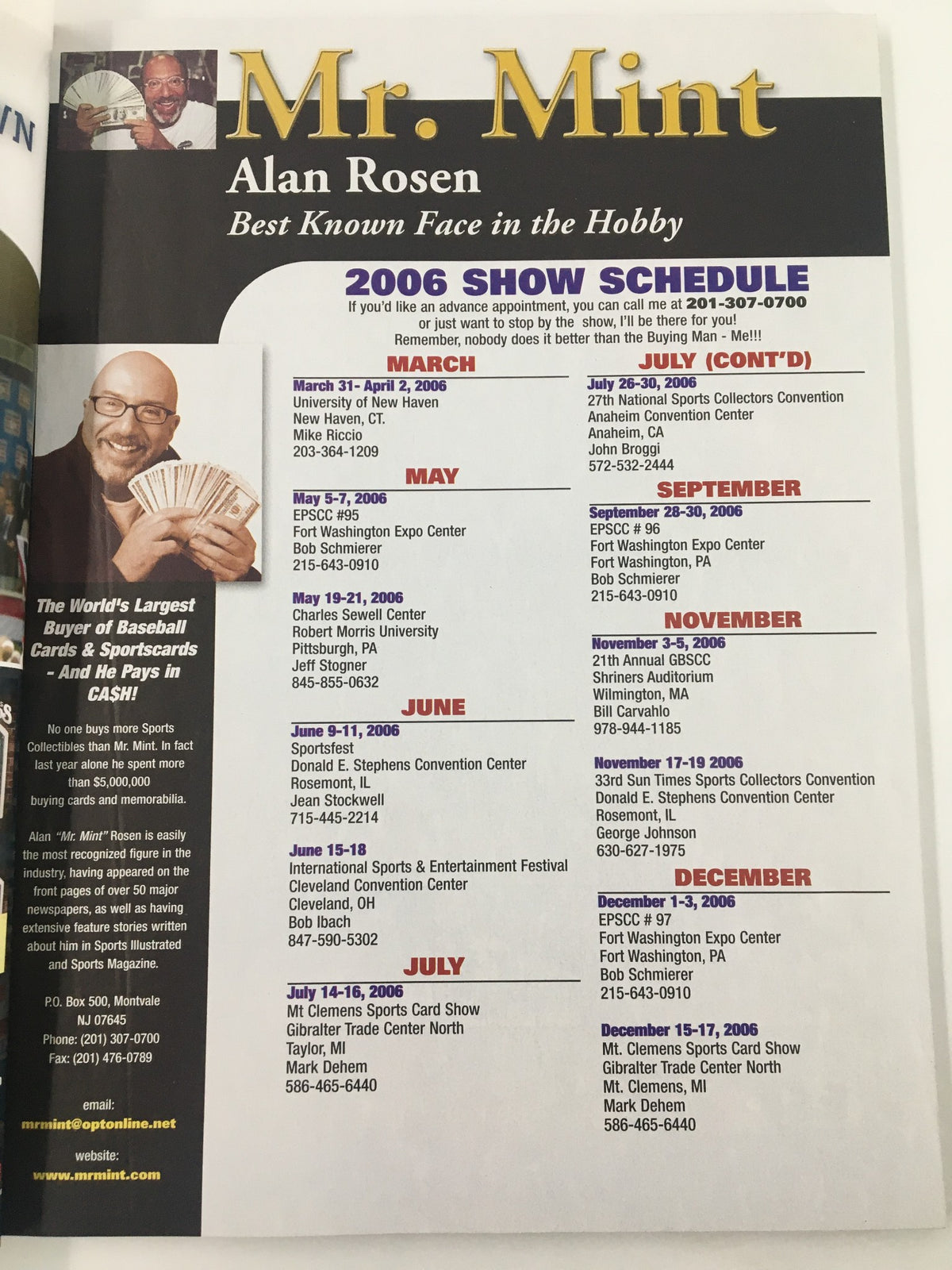 Interior page from Beckett Baseball Card Monthly May 2006, featuring Alan Rosen's 2006 show schedule and promotional details for baseball card collectors.
