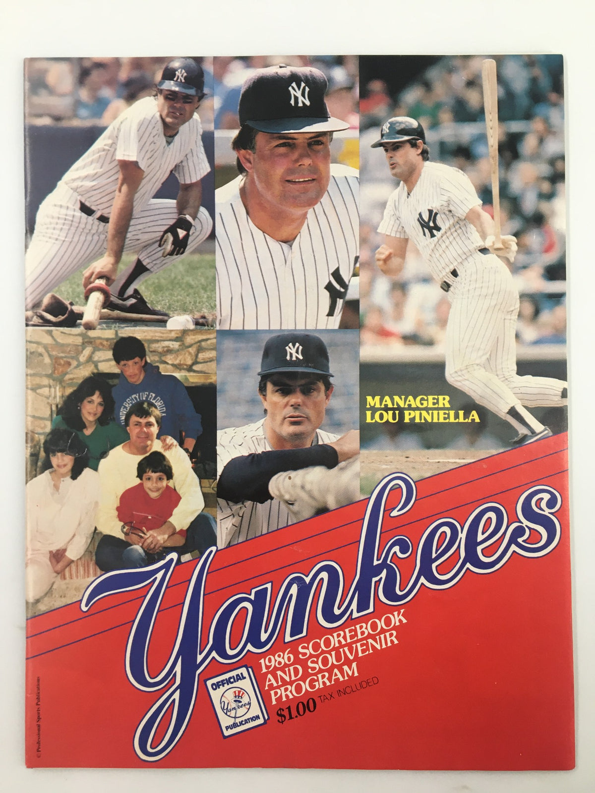 1986 Official Scorebook & Souvenir Program featuring the New York Yankees and manager Lou Piniella, showcasing nostalgic images from the baseball season, capturing the spirit of the team and memorabilia.