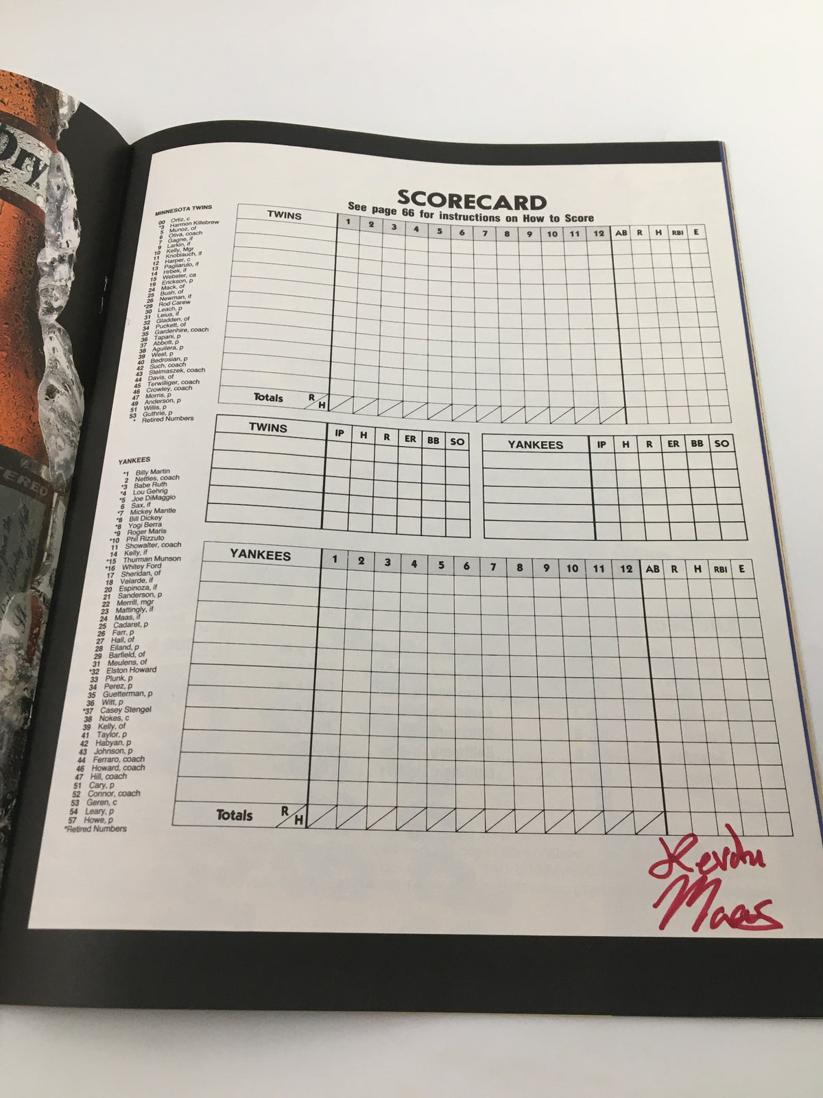Scorecard page from the 1991 Official Scorebook & Souvenir Program MLB New York Yankees, designed for tracking game statistics.