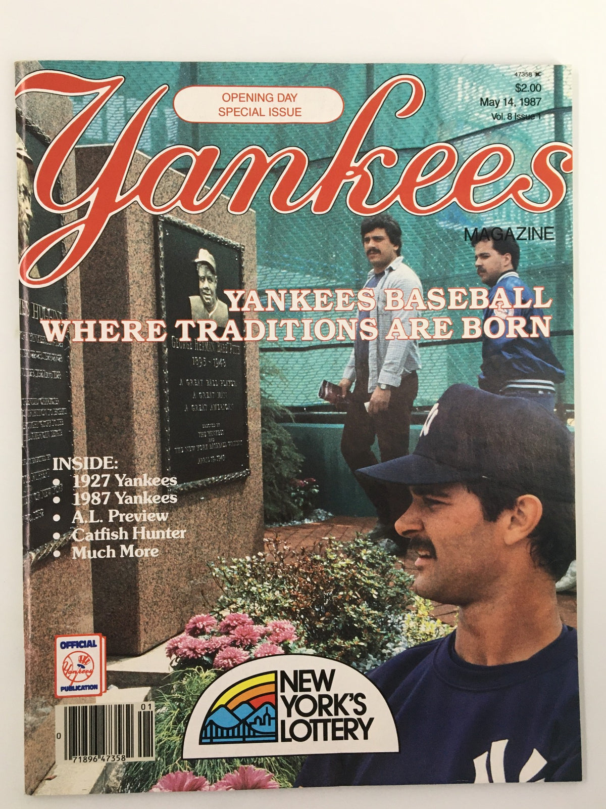 Cover of the Vintage Yankees Magazine from May 14, 1987, featuring Lou Pinella and Catfish Hunter, with emphasis on Yankees baseball traditions.