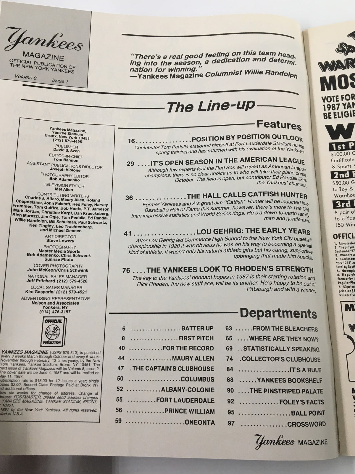 Inside page of the Vintage Yankees Magazine May 14, 1987, detailing features including Catfish Hunter, and offering insight into team dynamics.