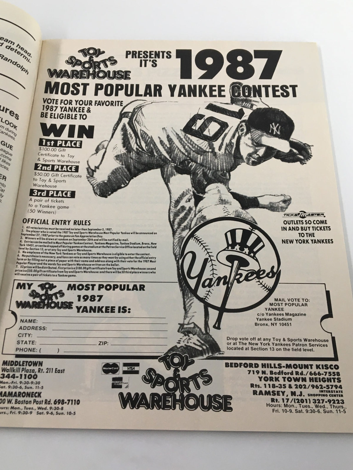 Advertisement page from the Vintage Yankees Magazine May 14, 1987, promoting the Most Popular Yankee Contest.