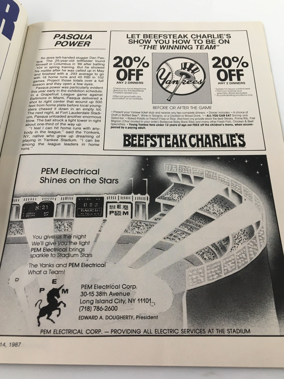 Interior page of VTG Yankees Magazine May 14 1987, featuring an advertisement for Beefsteak Charlie's with a promotional offer and electric services at the stadium.