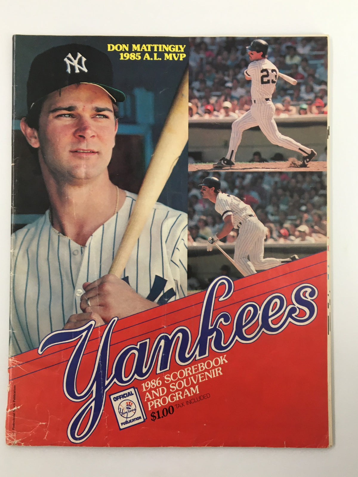 Cover of the 1986 Official Scorebook & Souvenir Program for MLB New York Yankees featuring Don Mattingly, highlighting his MVP accolade.