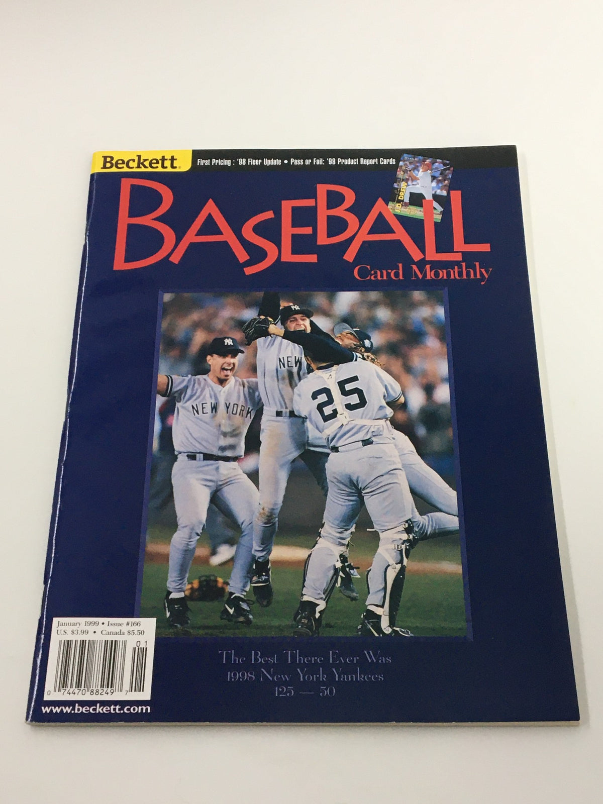 Cover of Beckett Baseball Card Monthly January 1999 #166 featuring the 1998 New York Yankees celebrating, showcasing the magazine's essence of late '90s baseball and collectible card culture.