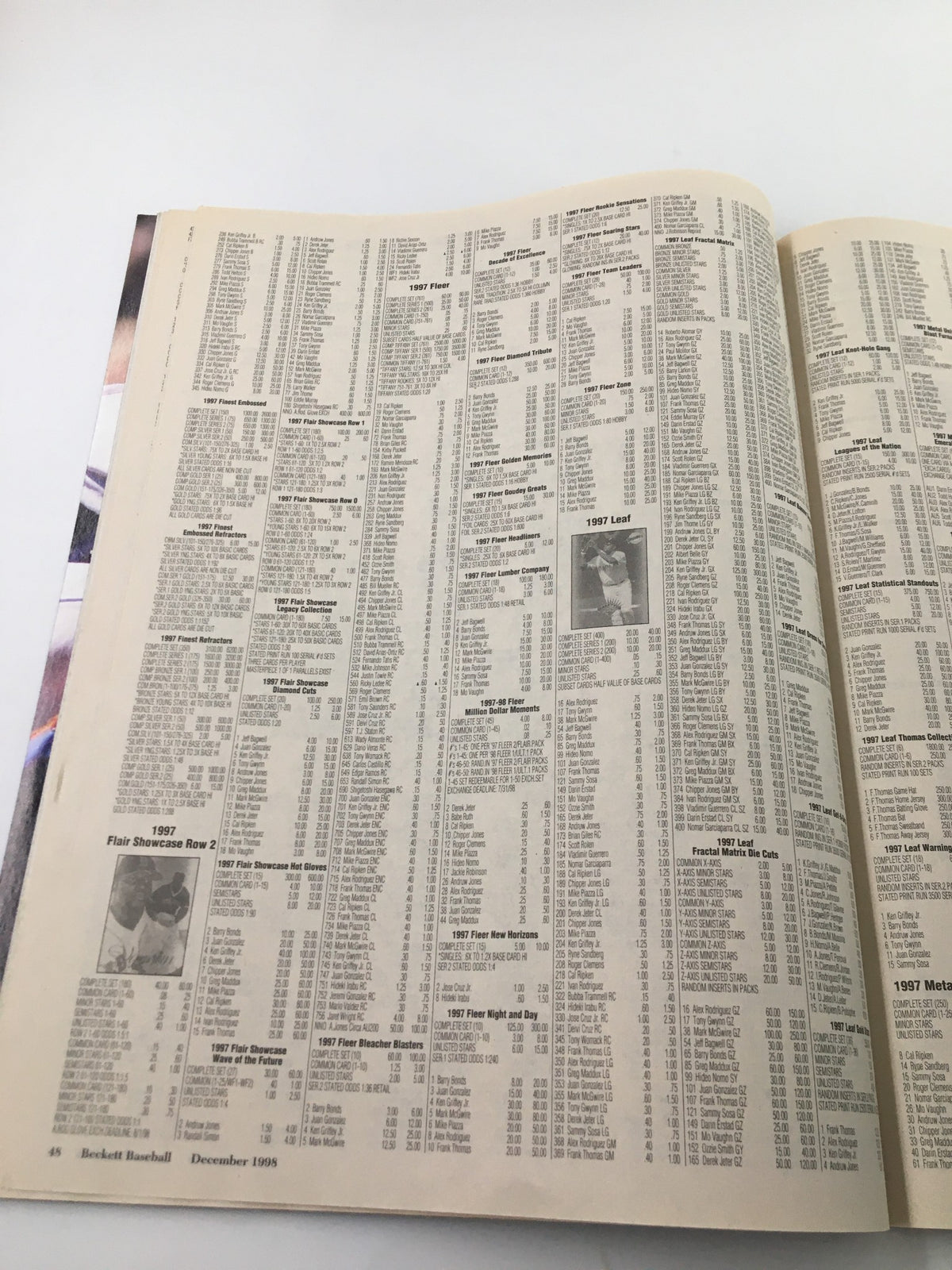 Page from Beckett Baseball Card Monthly January 1999 #166 displaying a detailed list of baseball card prices and collectibles from 1997, essential for collectors.