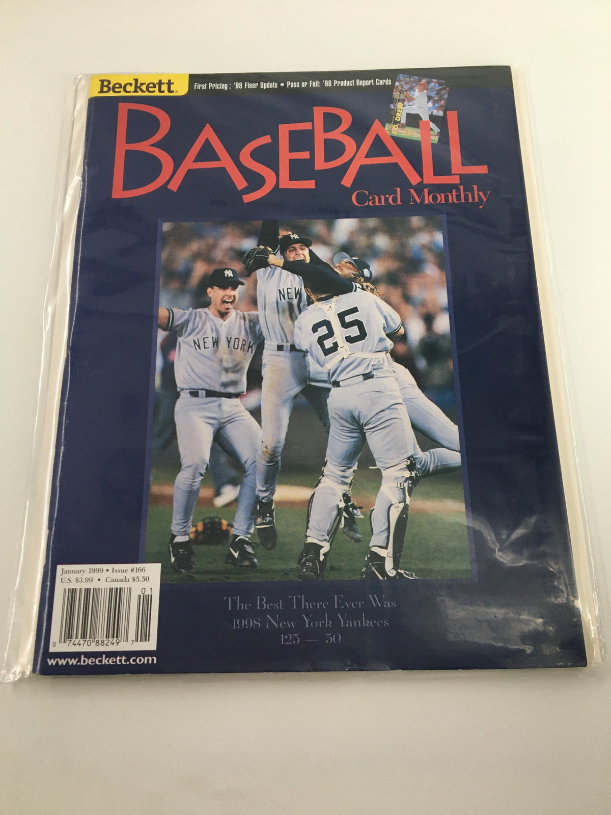 Beckett Baseball Card Monthly January 1999 #166 featuring New York Yankees players celebrating, a collectible magazine for baseball enthusiasts.