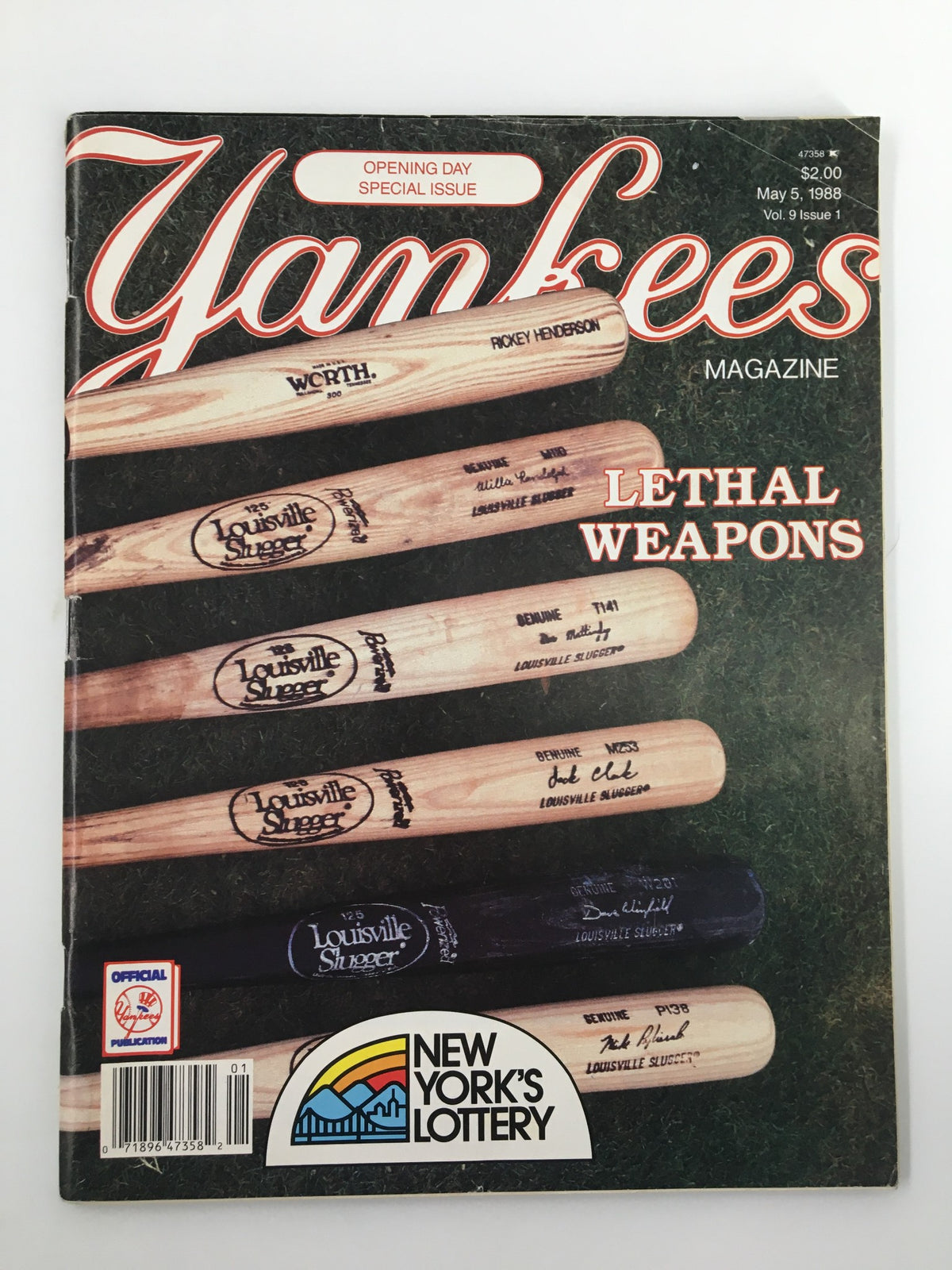 Cover of VTG Yankees Magazine from May 5, 1988 featuring baseball bats signed by Rickey Henderson and Jack Clark, with the title 'Lethal Weapons' and New York's Lottery logo.