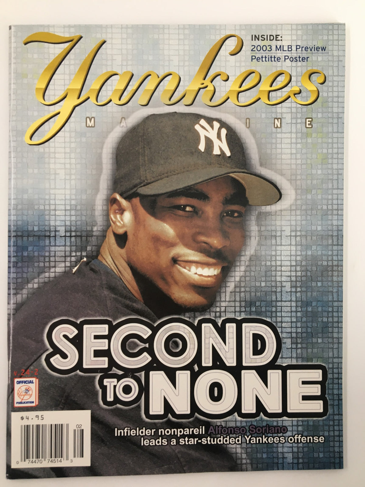 Cover of Yankees Magazine, April 2003 featuring Alfonso Soriano with the headline 'Second to None,' showcasing him as a key player in the 2003 MLB preview.