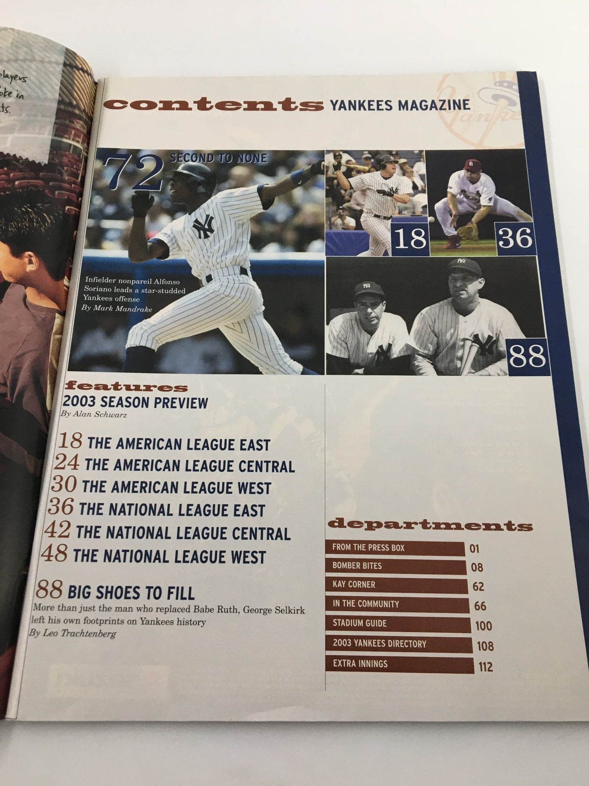 Contents page of Yankees Magazine, April 2003, highlighting articles including the 2003 season preview and featuring Alfonso Soriano.