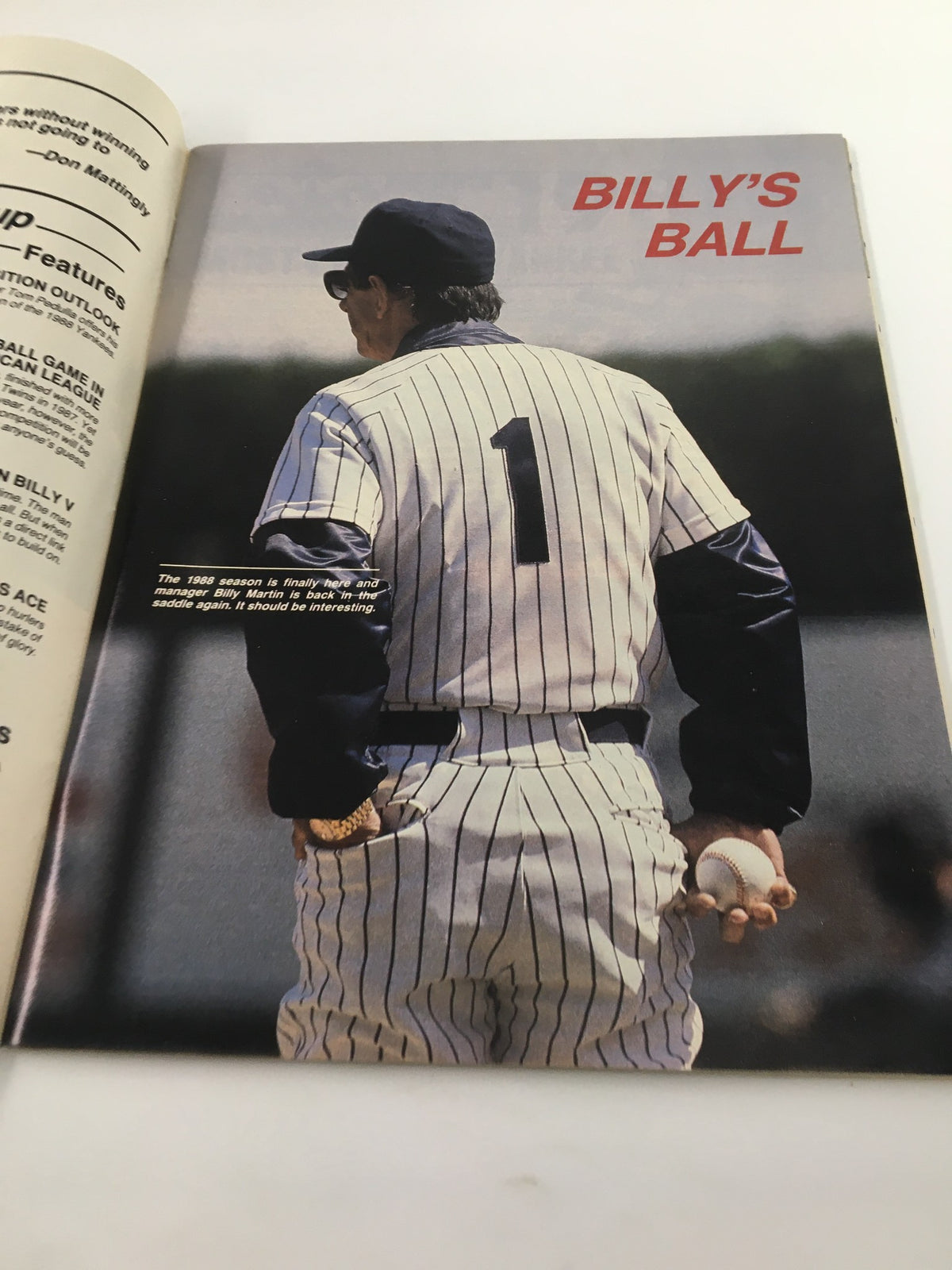 Page from the VTG Yankees Magazine dated May 5, 1988, featuring an image of manager Billy Martin in a Yankees jersey with the heading 'BILLY'S BALL'.