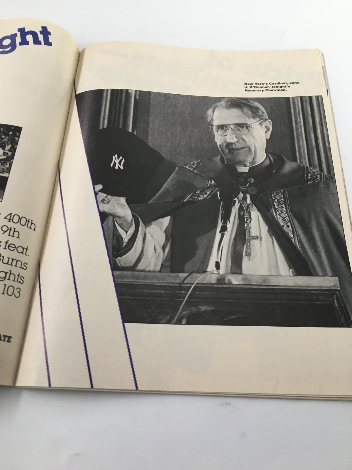 Inside page of the VTG Yankees Magazine May 5, 1988, depicting an event with New York's Cardinal John J. O'Connor, highlighting a significant moment in Yankees history.