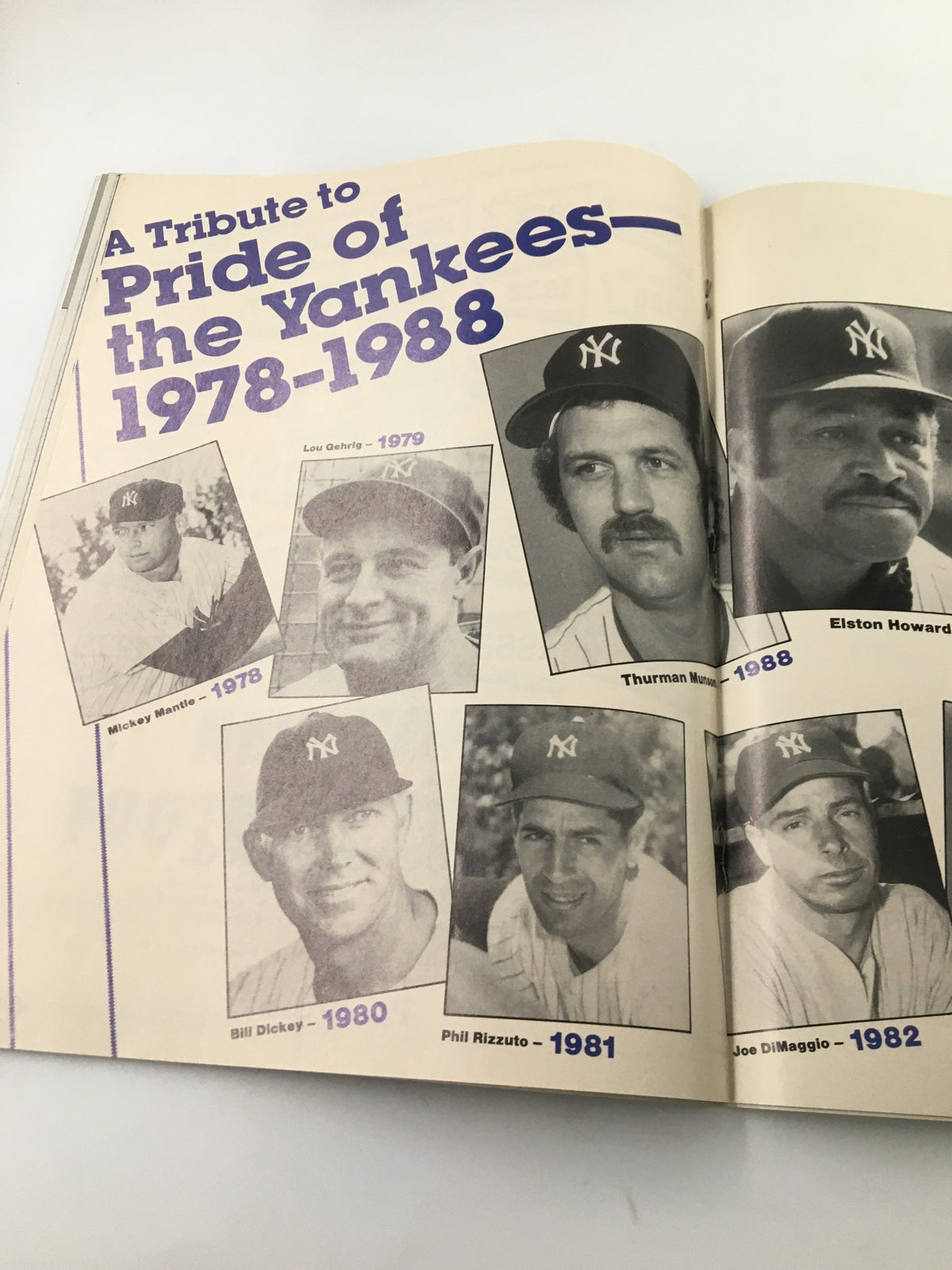 Page from the VTG Yankees Magazine dated May 5, 1988, presenting a tribute to the 'Pride of the Yankees' featuring notable players from 1978 to 1988, including Mickey Mantle and Joe DiMaggio.