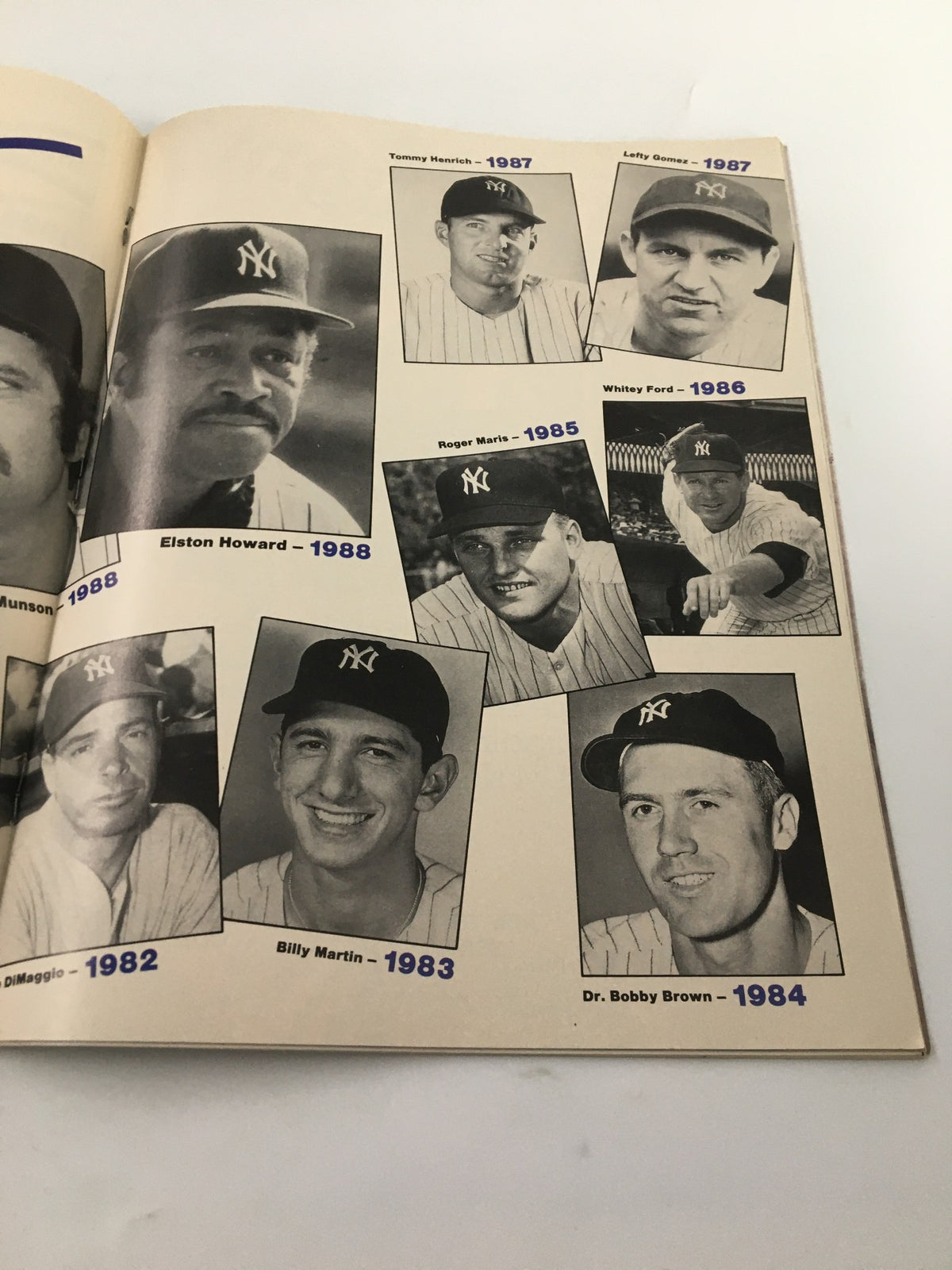 Inside page from VTG Yankees Magazine May 5 1988 featuring iconic Yankees players Elston Howard, Joe DiMaggio, and Billy Martin among others in a vintage layout.