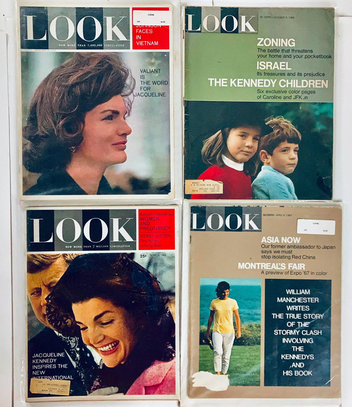 Lot of 17 1960s Look Magazines displaying vintage issues with John F. Kennedy and Jacqueline Kennedy on the covers, representing significant historical events and features.