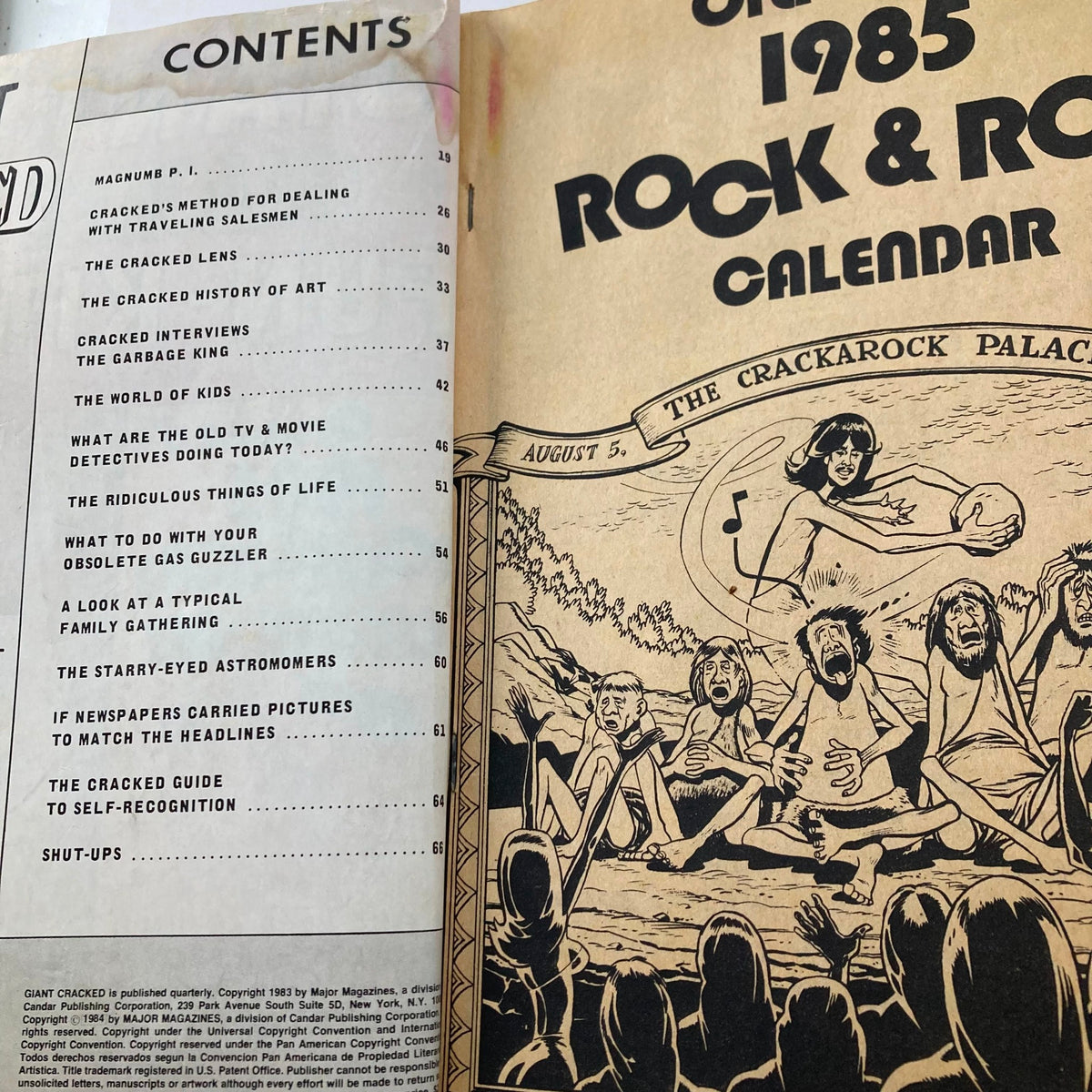 Contents page of VTG Giant Cracked Magazine March 1985, detailing features including Cracked's 1985 Rock & Roll Calendar and humorous content.